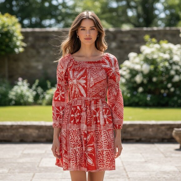 Busayo Red Orange Print Puff Sleeve Square Neck Boho Cotton Mini Dress XS - Picture 1 of 5